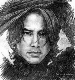 Pencil drawing portrait of Keanu Reeves with long dark hair and intense expression