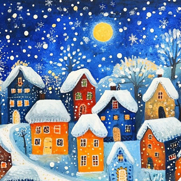 Colorful village houses with snow-covered roofs under starry night sky with moon and snowflakes
