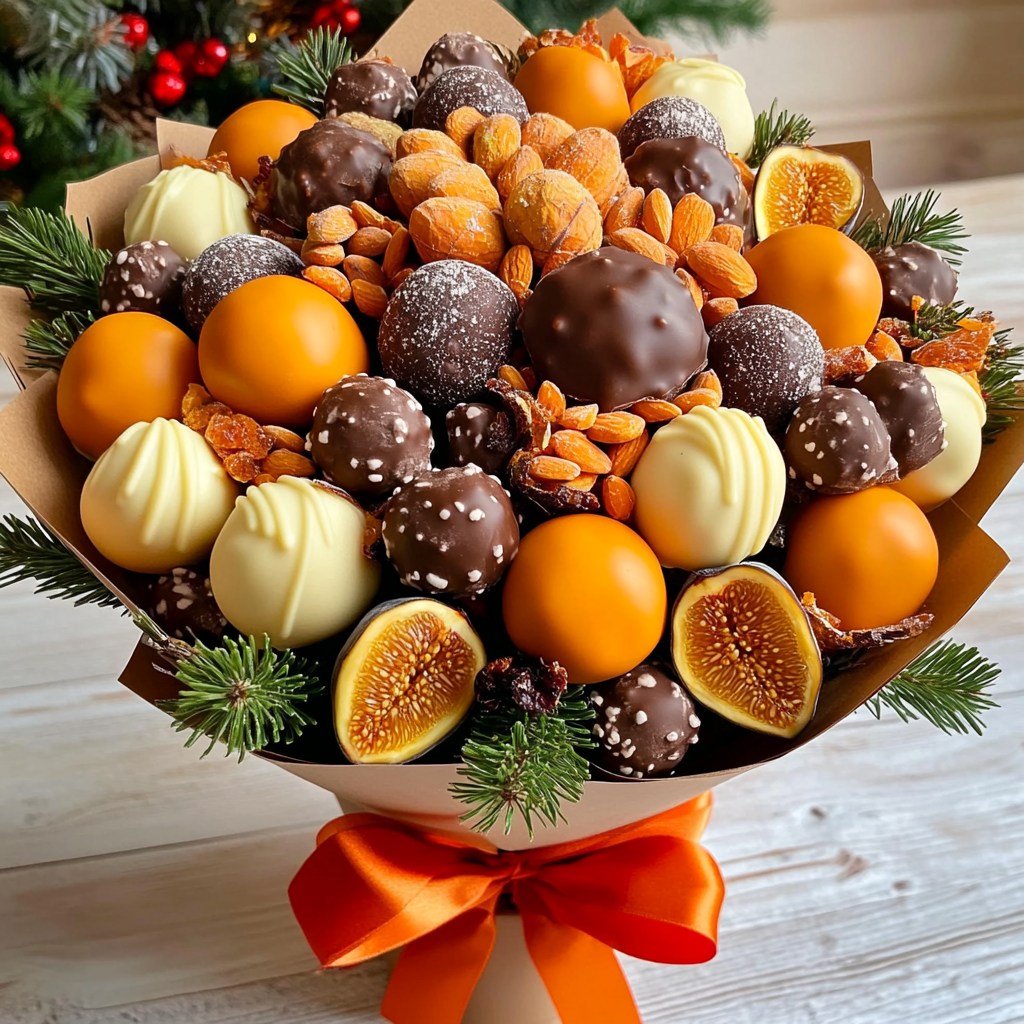 Ornate dessert bouquet with chocolate truffles, candied citrus, figs, and pine branches tied with red ribbon
