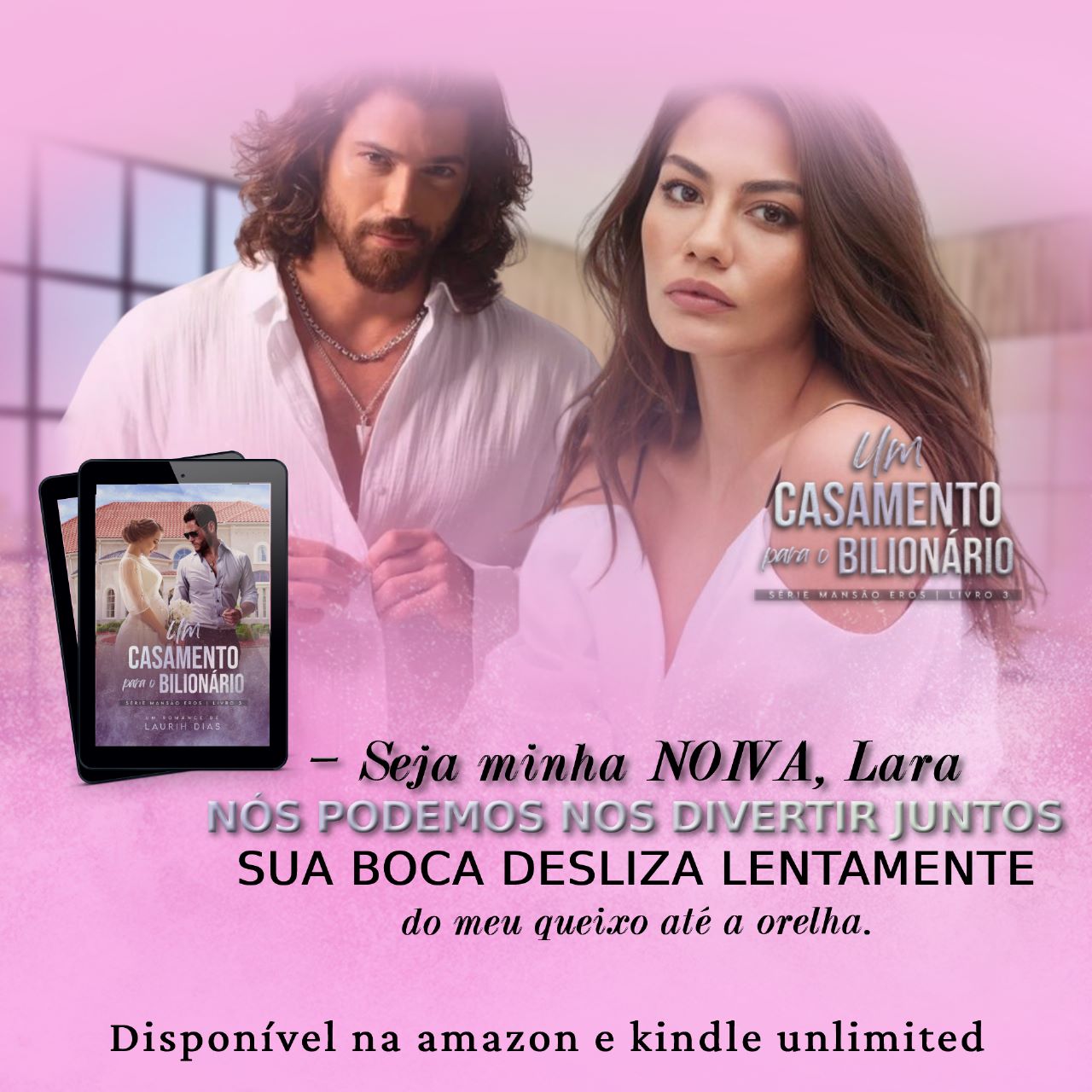 Romantic poster with a man, a woman, Portuguese text, and a small book cover on a pink background