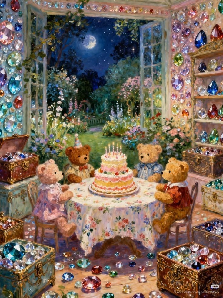Painting of teddy bears having tea and cake in a sparkling room beside an open window to a moonlit garden