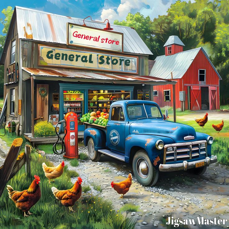 Vintage blue truck parked outside rustic general store with chickens and red barn
