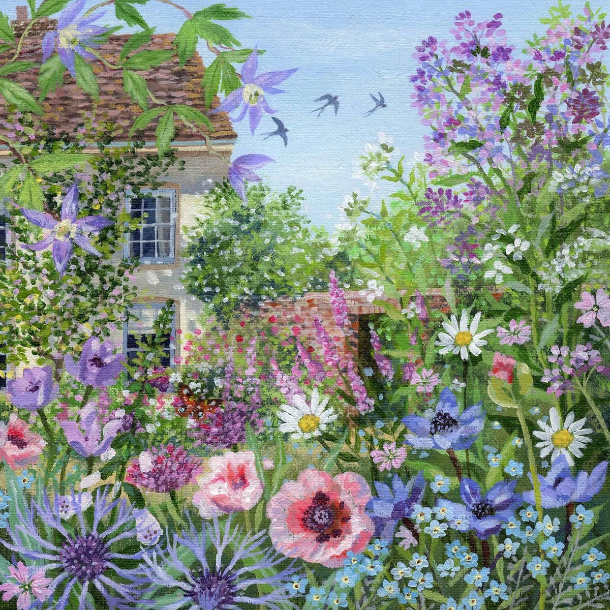 Painting of a cottage surrounded by a colorful flower garden with daisies, poppies, and purple blossoms