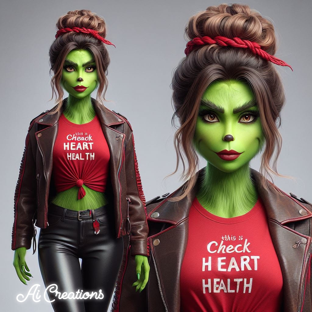 Stylized green-skinned woman in a leather jacket and red shirt, shown full-body and in close-up