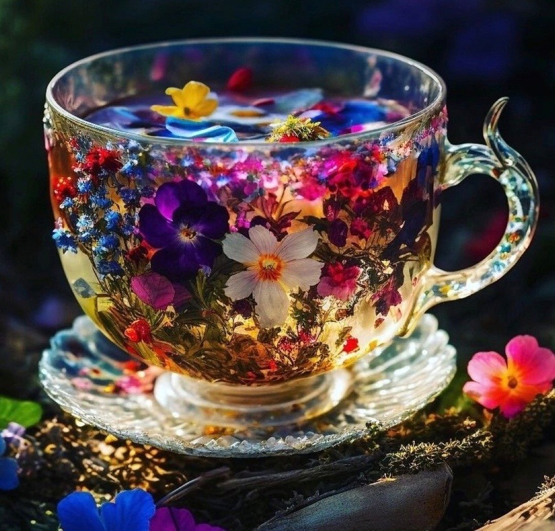 Clear glass teacup filled with colorful flowers on a glass saucer