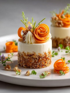 Small round carrot cake topped with orange carrot roses, white meringue, and herb garnish on white plate