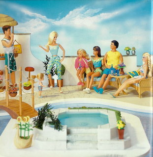 Illustrated women sitting and standing around a small pool on a sunny terrace