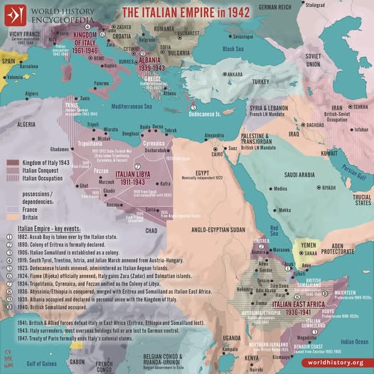 Historical map of the Italian Empire in 1942 covering North Africa and the Mediterranean