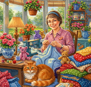 Woman Sewing with Cat and Flowers