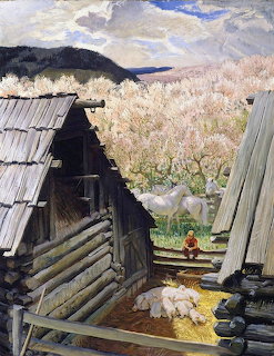 Painting of weathered farm buildings with chickens in yard and wheat field behind under cloudy sky