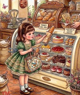 Anime girl in green dress selecting treats from a bakery display case filled with colorful pastries and desserts