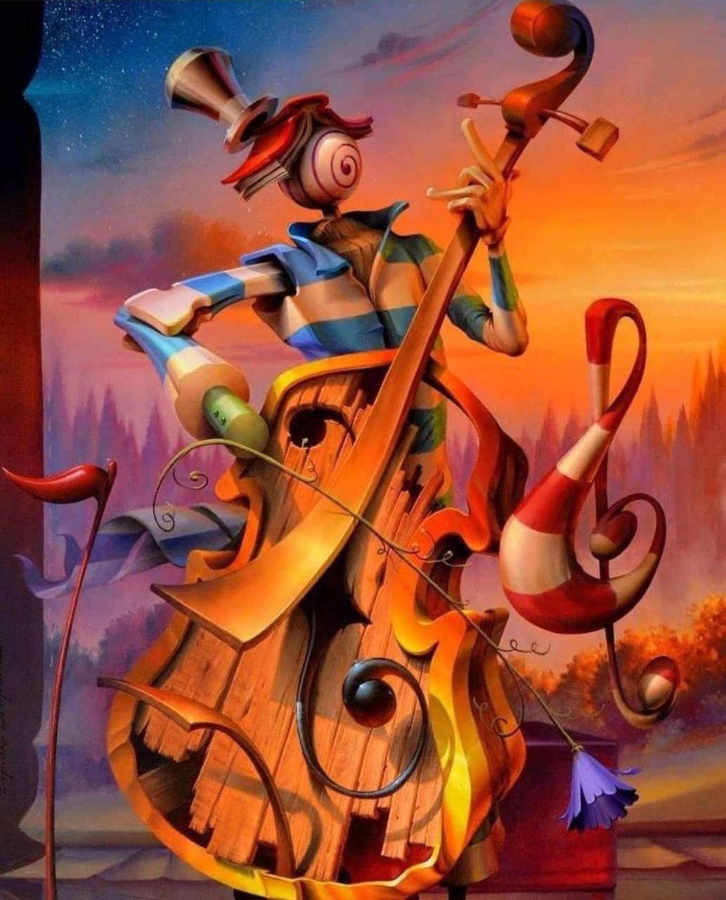 Stylized 3D characters playing an oversized decorative cello at sunset with swirling musical elements