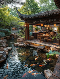 Koi fish swimming in pond beside traditional Japanese pavilion with curved roof and garden