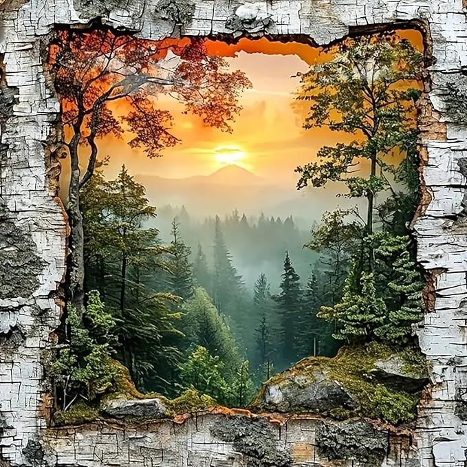 Misty pine forest at sunset framed by a torn bark-like border