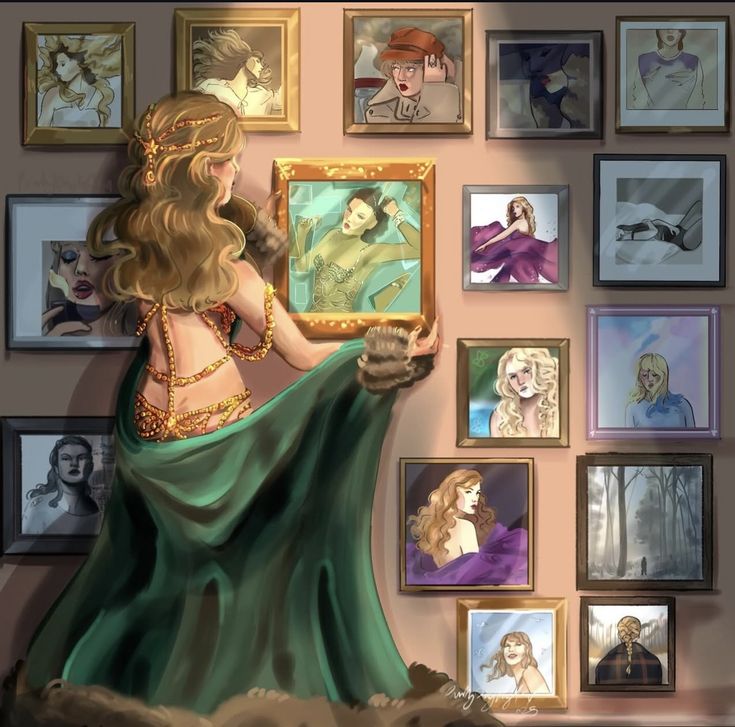 Blonde woman in green dress looking at wall of framed pictures