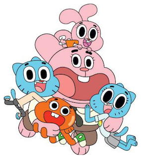 Gumball, Darwin, Anais and Nicole from The Amazing World of Gumball in a colorful cartoon group pose
