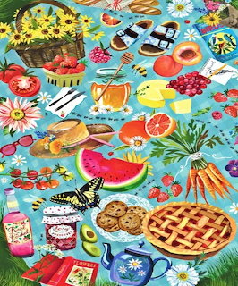 Illustration of a vibrant picnic spread with watermelon, pie, berries, flowers, and butterflies on blue background