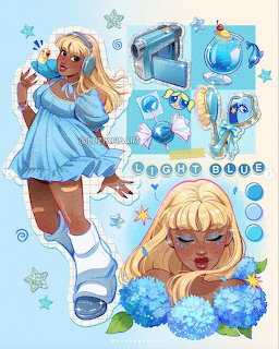 Anime-style collage of blonde girl in blue dress with flowers and blue accessories on pastel background
