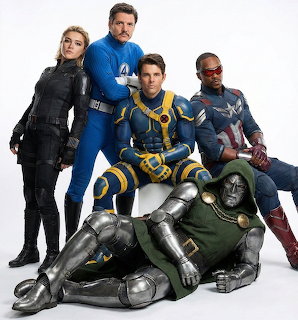 Five Marvel superheroes in costume posing with Doctor Doom lying in front on a white background