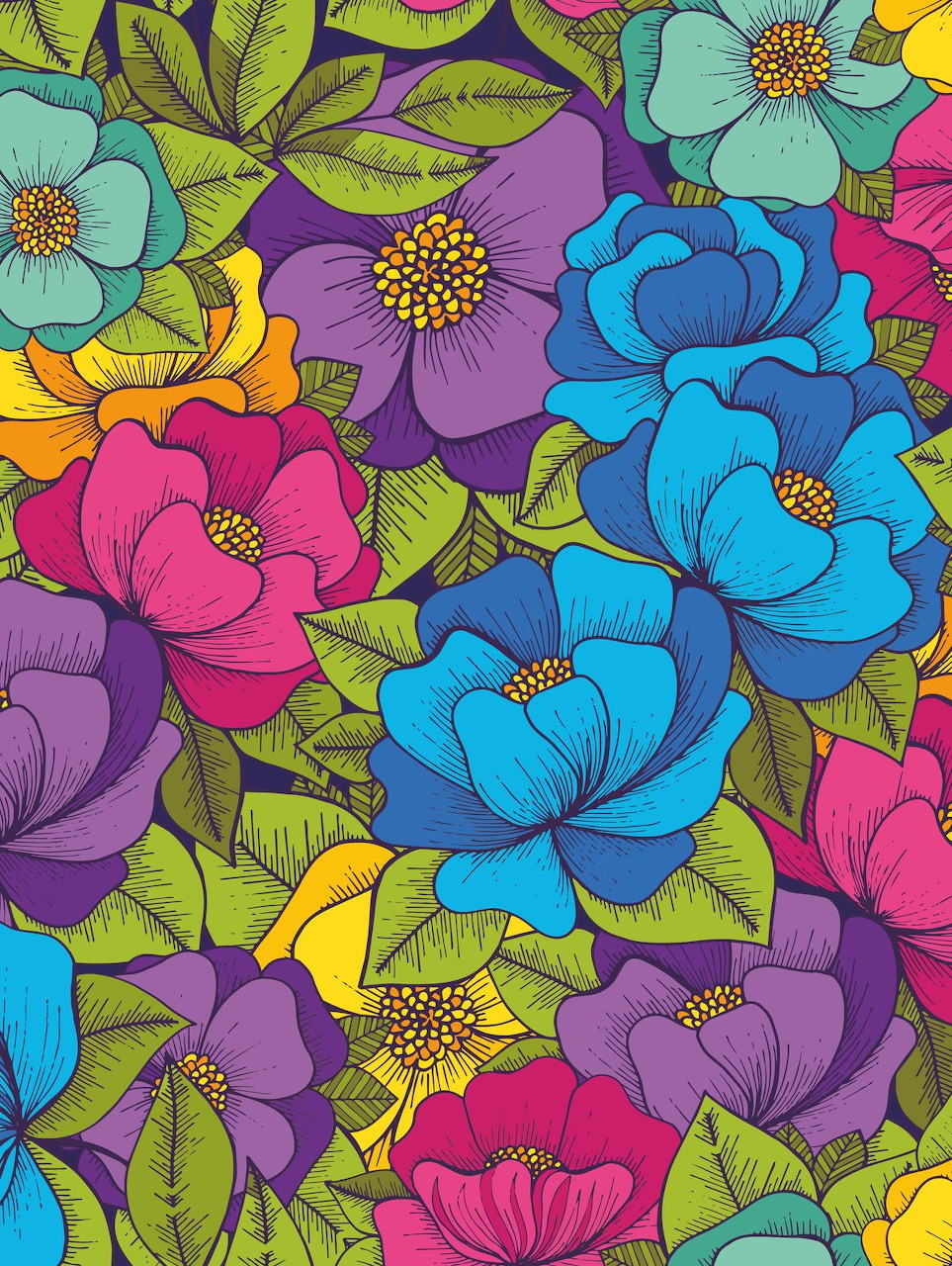 Dense colorful floral illustration with large pink, blue, and purple blooms and green leaves