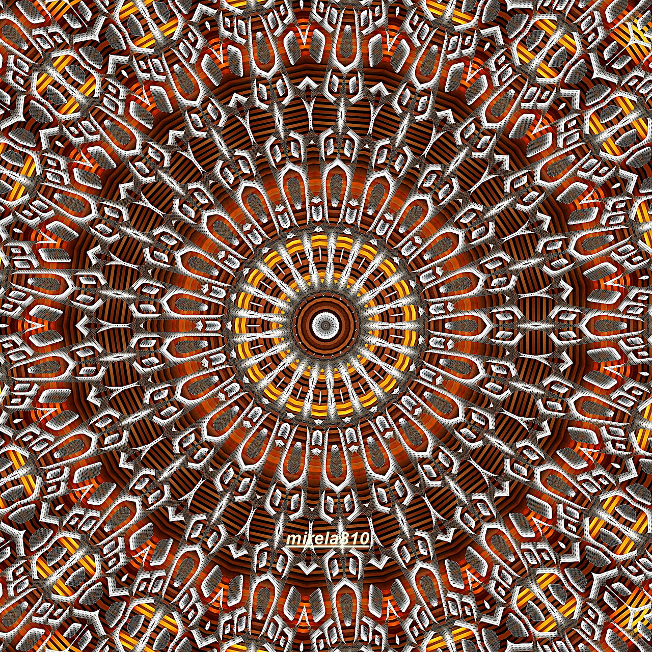 Circular mandala with intricate geometric patterns in warm earth tones radiating symmetrically from center