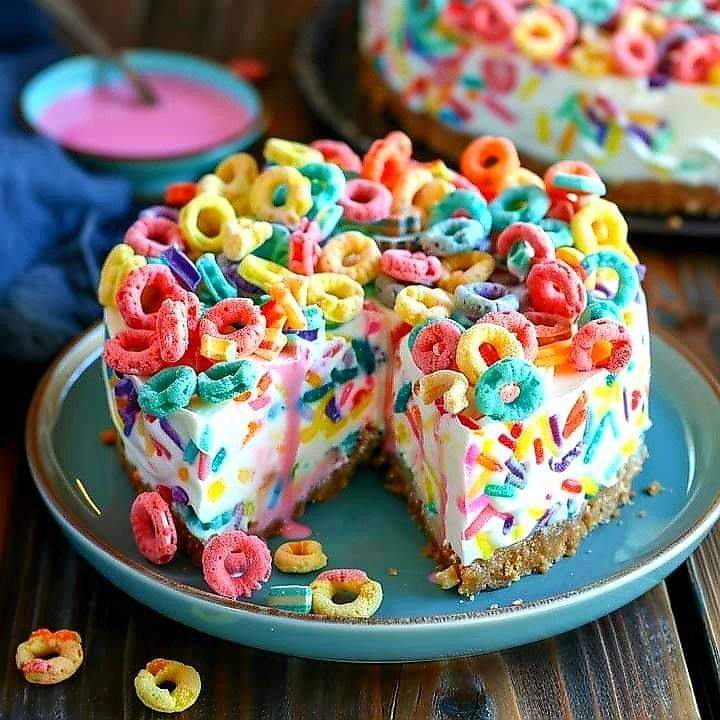Sliced cheesecake covered in colorful fruit loop cereal rings on turquoise plate with wooden background