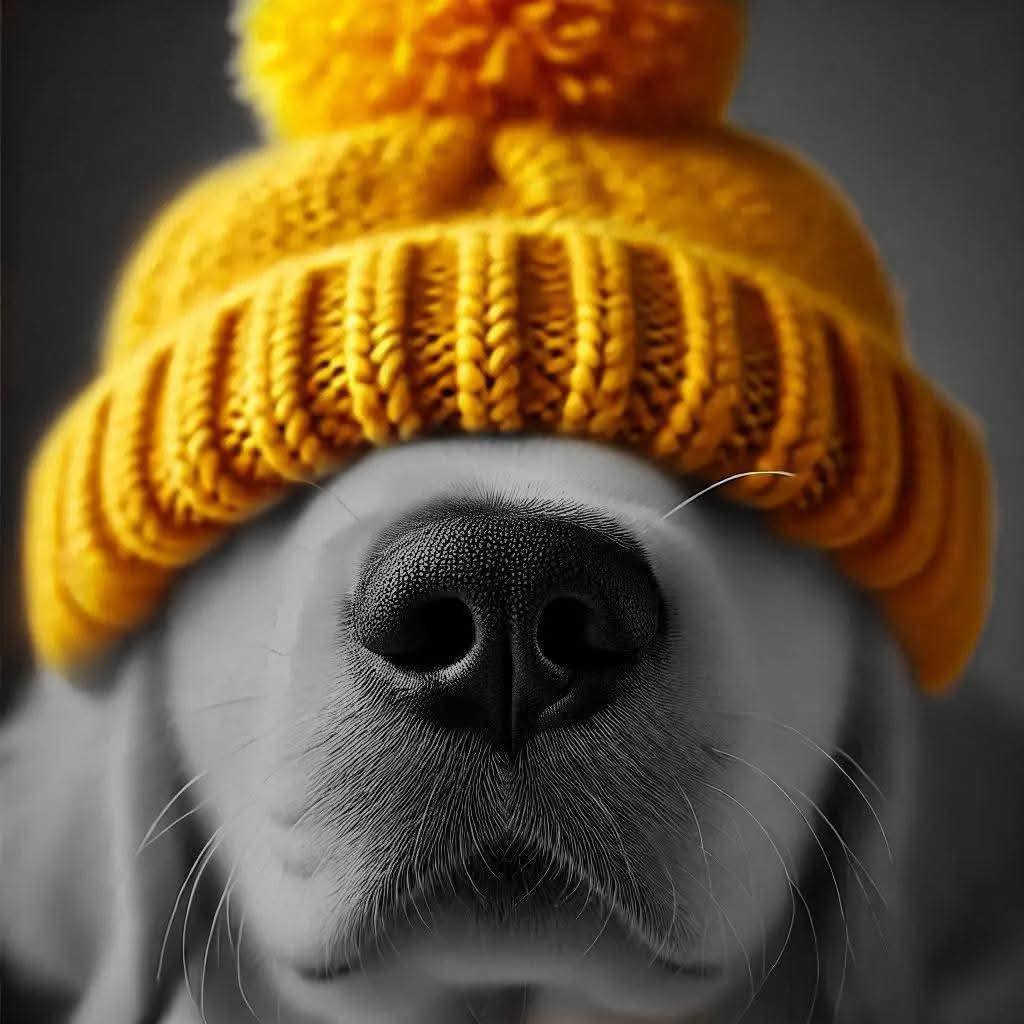 Dog wearing yellow knit hat with pompom, close-up of nose and face on dark background