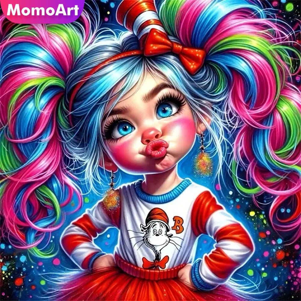 Colorful cartoon girl with vibrant rainbow swirling hair and big blue eyes wearing striped clothing