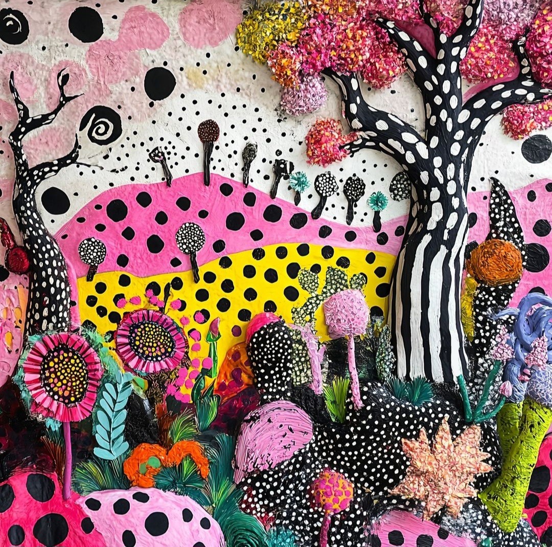 Colorful folk art garden with polka dot trees, pink blossoms, yellow flowers, and whimsical patterns