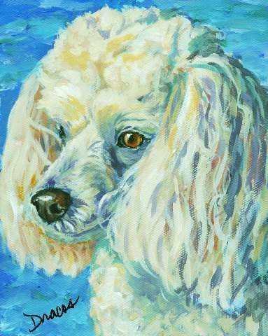 Painted close-up portrait of a white long-eared dog against a blue background