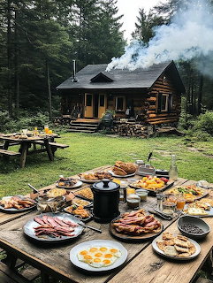 Large breakfast spread on outdoor table at log cabin with forest background and chimney smoke