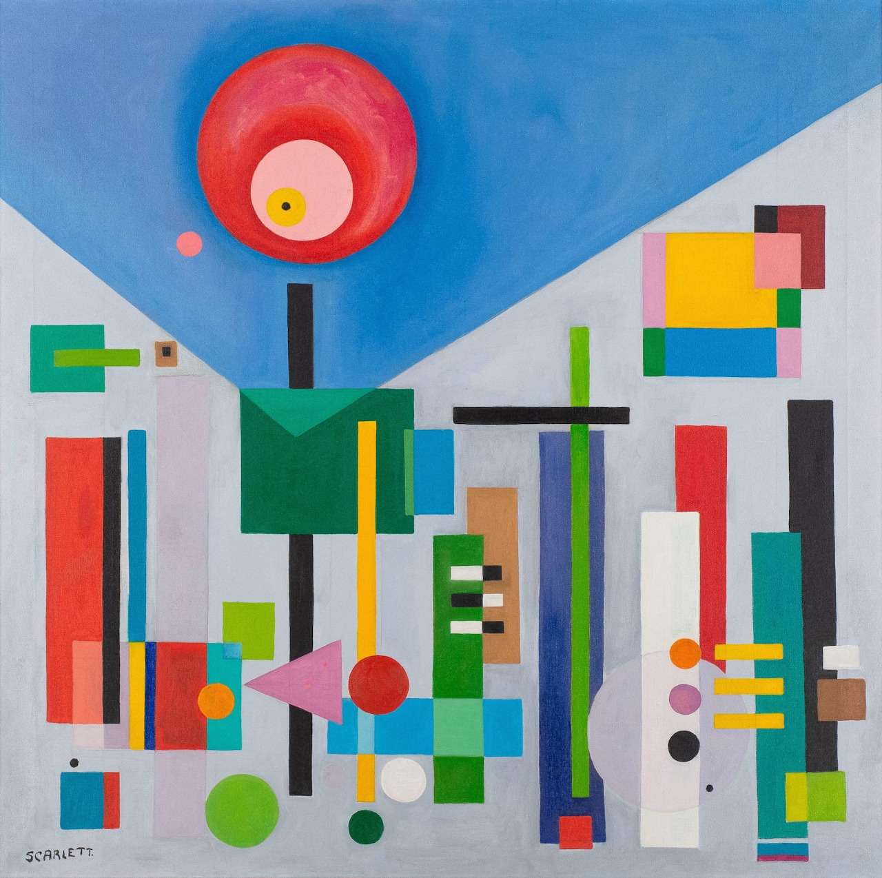 Geometric abstract painting with bright circles, rectangles and blocks in primary colors on blue-gray background