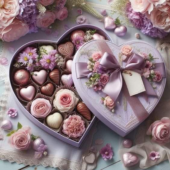Heart-shaped box with chocolates, flowers, and decorative treats in pink and purple colors