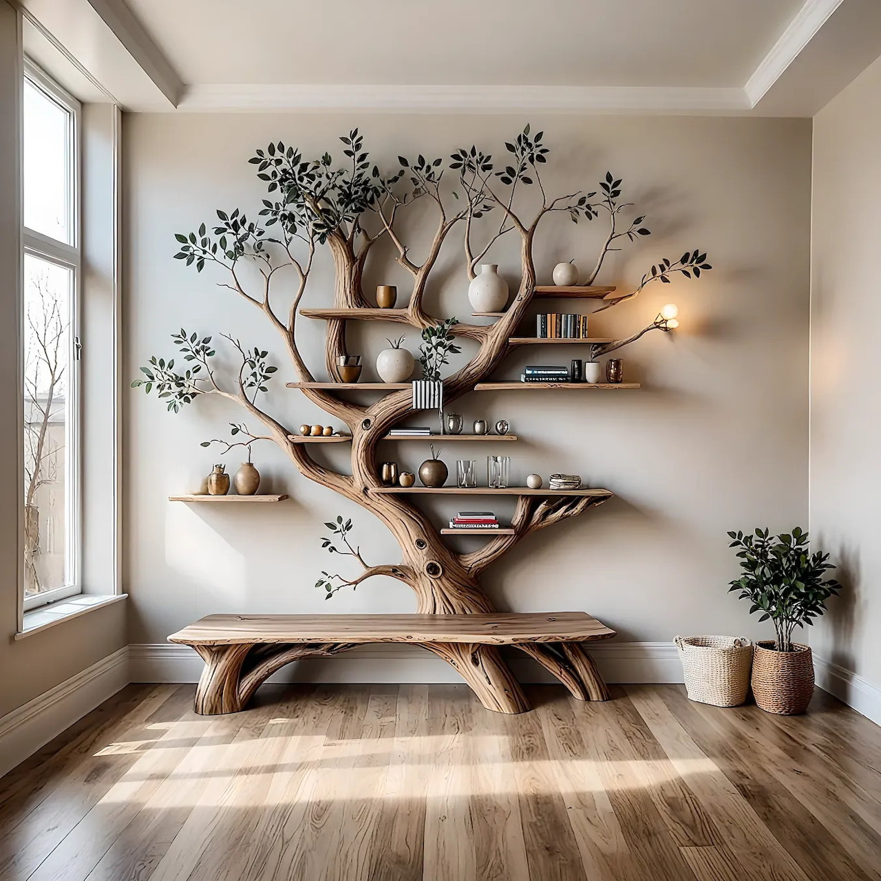 Artistic tree-shaped wooden wall shelf with decorative items and foliage against white wall in bright room