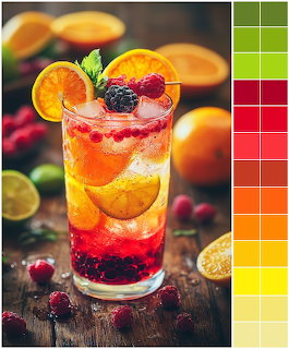 Colorful fruit drink with orange slices, berries, and ice next to a vertical color palette
