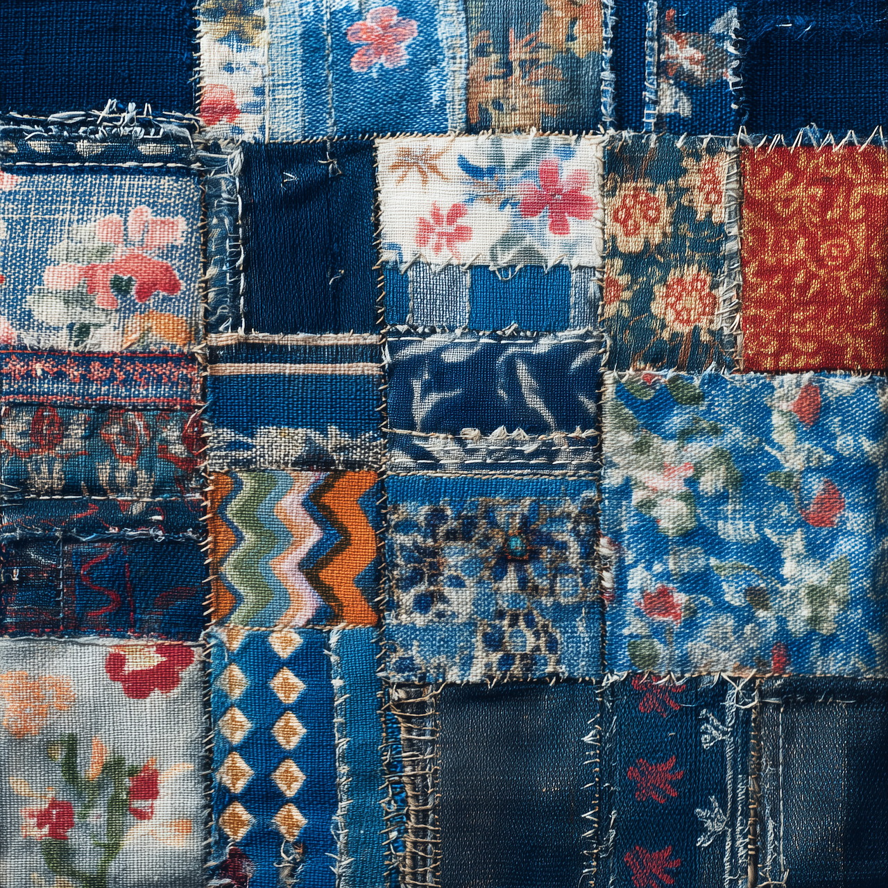Close-up of blue patchwork quilt with floral and geometric fabric patterns