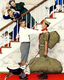Vintage painting showing soldier with duffel bag greeted by family running down stairs with dog and cat