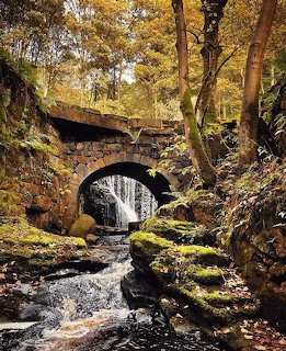 Stone arch bridge over a waterfall and rocky stream in an autumn forest with golden leaves
