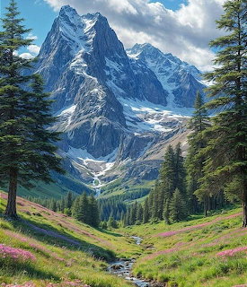Snow-capped mountain peak towering over a green alpine valley with pine trees and a stream
