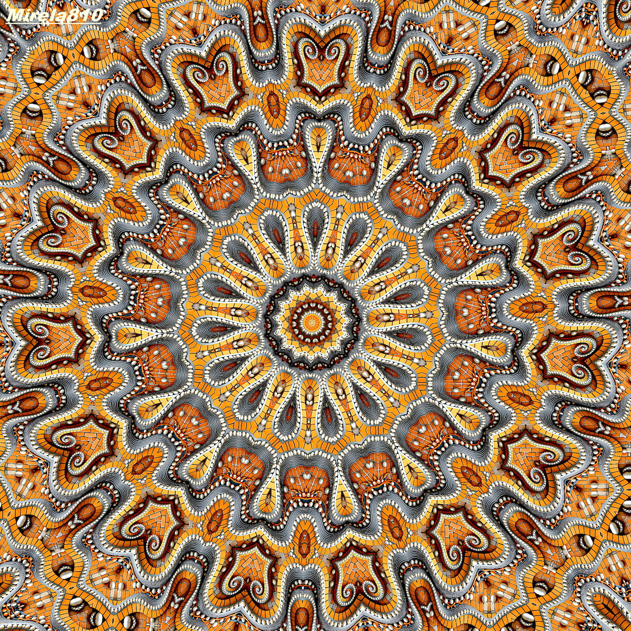 Circular mandala with ornate orange and cream geometric patterns radiating from center in symmetrical design
