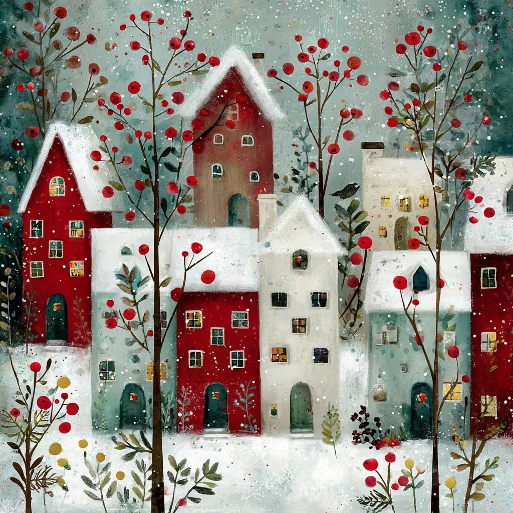 Painted winter village with red and white houses, bare trees, red berries, and falling snow