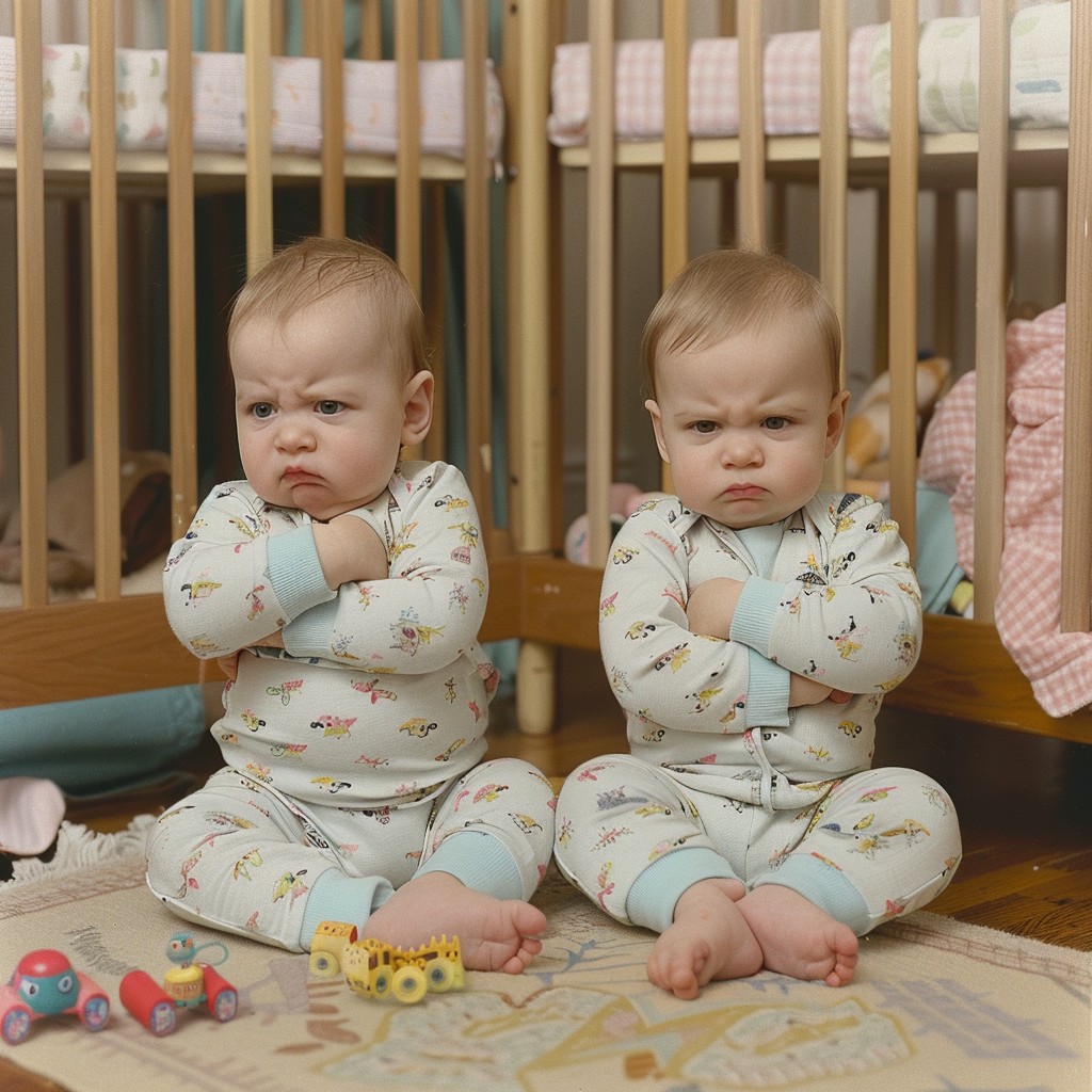 Two grumpy babies in pajamas sitting on a nursery rug with arms crossed in front of cribs