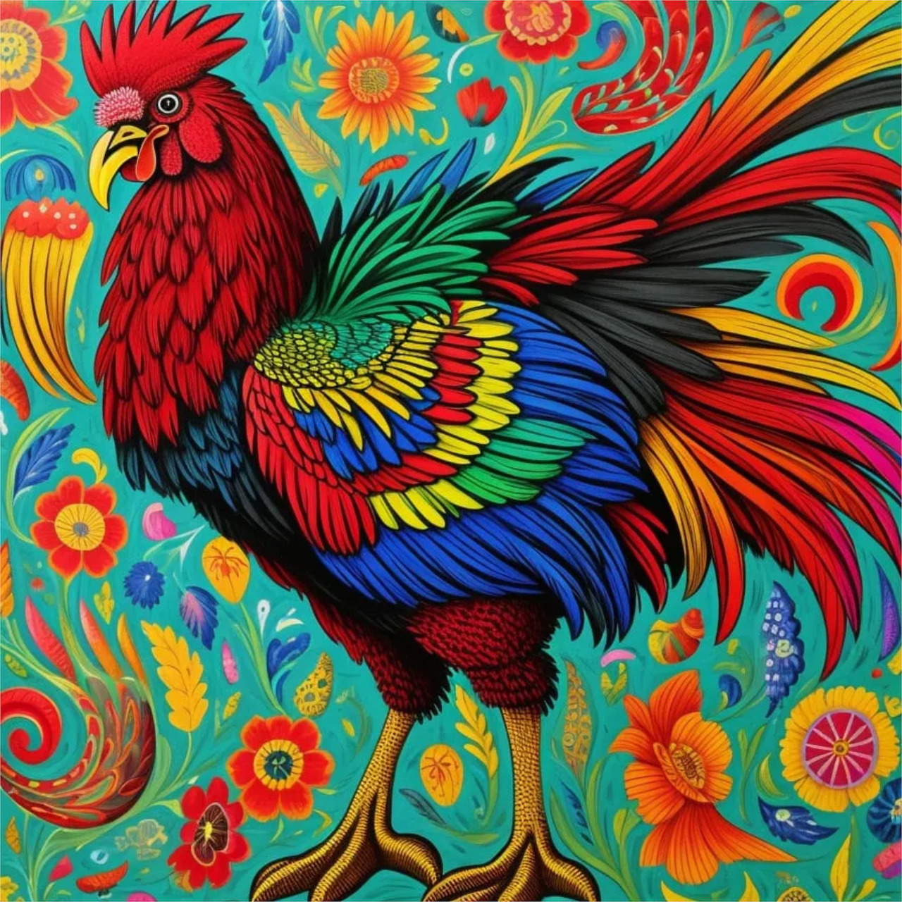 Ornate rooster with rainbow feathers and red head on turquoise floral background
