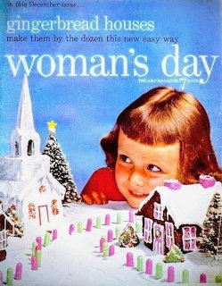 Vintage Woman's Day magazine cover showing smiling girl with gingerbread houses and miniature Christmas village