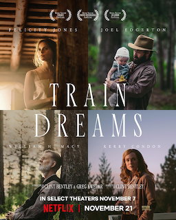 Train Dreams film poster with multiple scene panels showing actors in outdoor rural and indoor settings