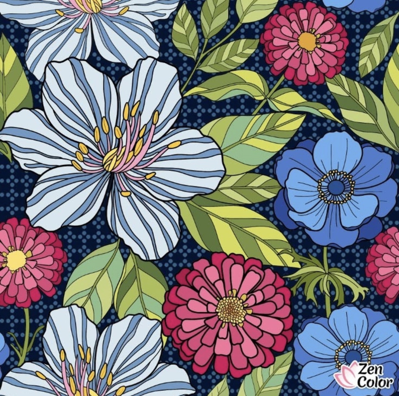 Colorful illustrated flowers with white, blue and pink petals and green leaves on dark polka dot background