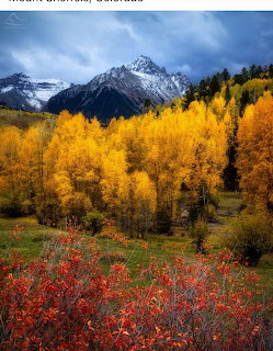 Snow-capped mountain with golden aspen trees and red foliage in foreground under cloudy sky