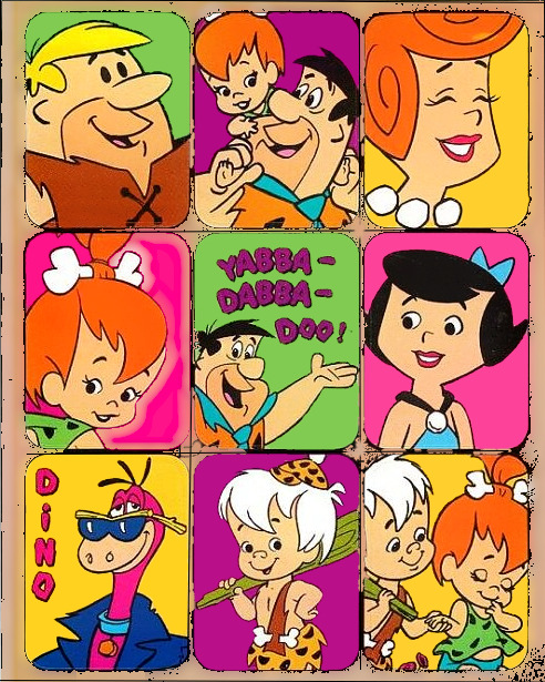 Grid collage of Flintstones cartoon characters in bright colors with Yabba-Dabba-Doo text in center