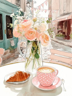 Illustration of a café table with a croissant, pink coffee cup, and flower vase on a French street