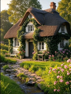 Thatched cottage with climbing ivy, colorful garden flowers, and winding stone path under trees